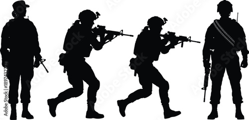 Detailed Black Silhouettes of Soldiers in Tactical Gear Featuring Armed Military Personnel Standing and Moving with Weapons for War and Defense Graphic Designs