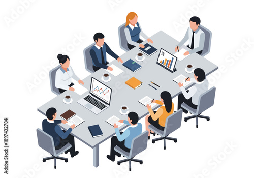 Business Meeting in a Conference Room with People Discussing Work on Laptops and Charts