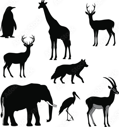 Black Silhouette Vector Set of Diverse Wild Animals Including Elephant Giraffe Deer Penguin Wolf and Antelope for Nature Wildlife Conservation and Educational Graphic Design