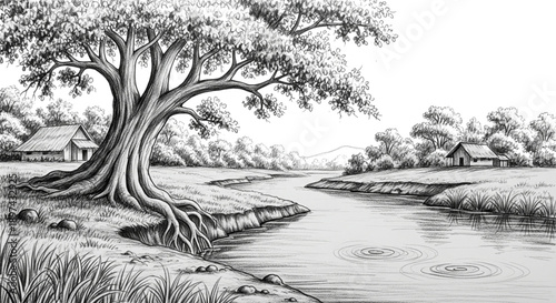 Serene River Landscape with Rustic Village Homes and Majestic Tree for Peaceful Rural Lifestyle and Nature Themes