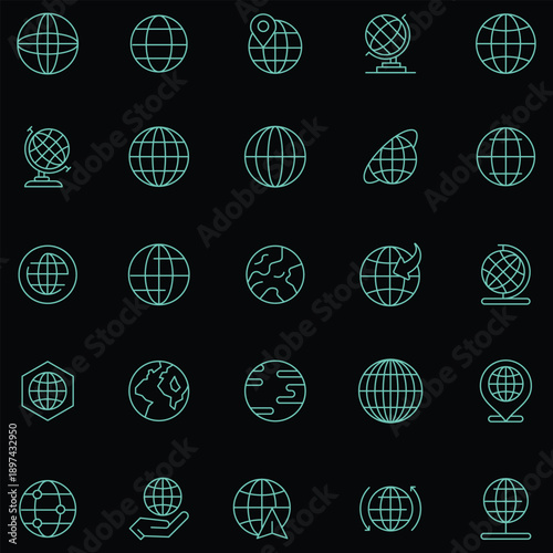 A captivating collection of neon green globe and world map outline icons for global concepts