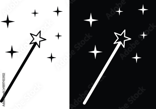 Magic Wand sparkling stars vector Silhouette  illustration, Magic Wand Star icon logo on white background  Formats Included EPS