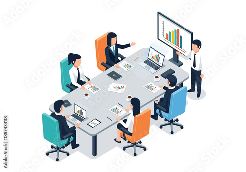 Business meeting in a boardroom with people presenting charts and graphs on a screen
