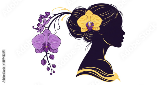 Elegant Woman Silhouette with Orchids for Beauty Spa, Salon, Fashion, Luxury Branding, and Wellness Marketing