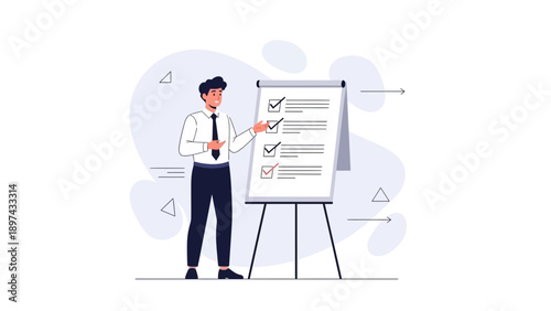 Businessman pointing to checklist on flip chart, planning, strategy, success