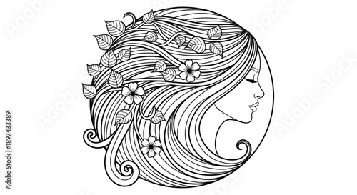 Elegant Woman with Flowing Hair and Flowers, Beauty, Nature, Wellness, Spa, Feminine, Serene, Graceful, Organic Design