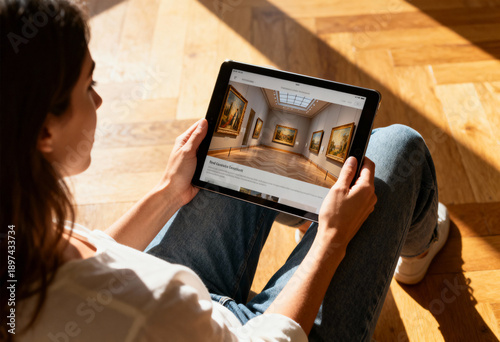 Caucasian young woman exploring art museum on tablet in sunlit room