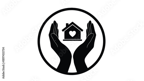 Caring hands protecting home with heart icon vector representing home healthcare services, patient safety programs and insurance-backed care planning for community health providers