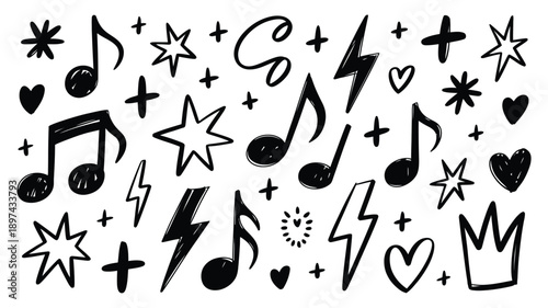 Hand-drawn black doodles of stars, hearts, music notes, and lightning bolts, creative vector illustration on white background.