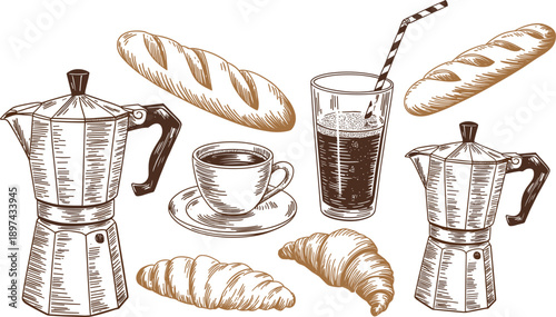 Hand drawn breakfast collection with moka pot, coffee cup, croissants, and baguette bread, vintage vector illustration