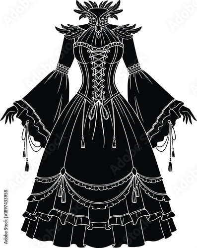 Gothic Victorian Ball Gown Dress Silhouette with Lace Up Corset and Bell Sleeves, Dark Fantasy Costume Flat Vector Illustration for Fashion Design