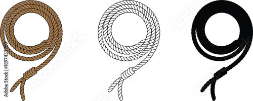 Coiled rope silhouette & Outline and illustration set isolated on transparent background