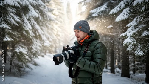 Capturing winter forest landscape through camera in snowy path
