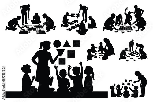 Silhouettes of people playing with puzzles and shapes