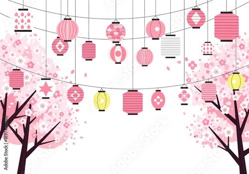 Festive String Of Japanese Lanterns Hanging From Cherry Blossom Trees With Pink And White Flowers