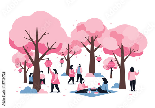 People enjoying a picnic under blooming cherry blossom trees with lanterns, a vibrant springtime scene