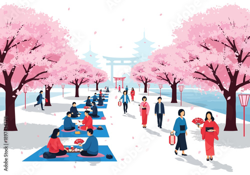 Cherry blossom viewing picnic with people enjoying traditional Japanese culture under blooming trees