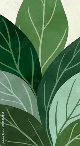 Wallpaper Mural Minimalist botanical leaf pattern illustration in shades of green Torontodigital.ca