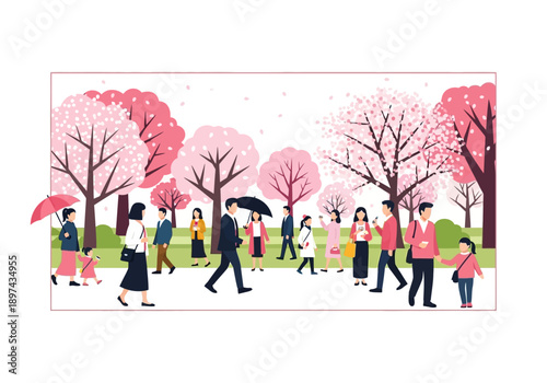 People Strolling Under Cherry Blossoms in Full Bloom During a Spring Day