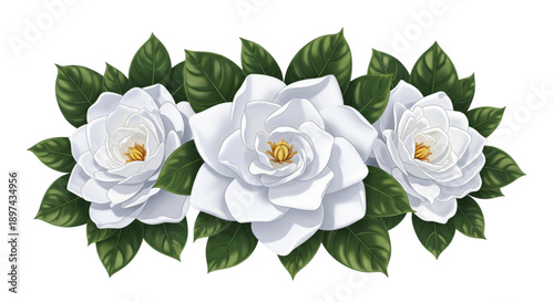 Elegant White Gardenia Flowers and Green Leaves. Beautiful Floral Design Element for Weddings, Spa, Beauty Brands