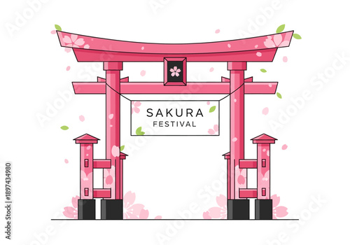 Sakura Festival Traditional Japanese Torii Gate with Cherry Blossoms