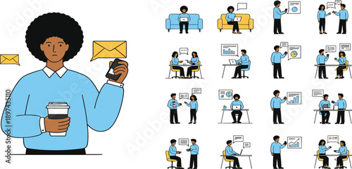 Business Communication and Professional Work Illustration Set with Email Messaging, Meetings, Presentations, Data Analysis, and Office Interaction Scenarios