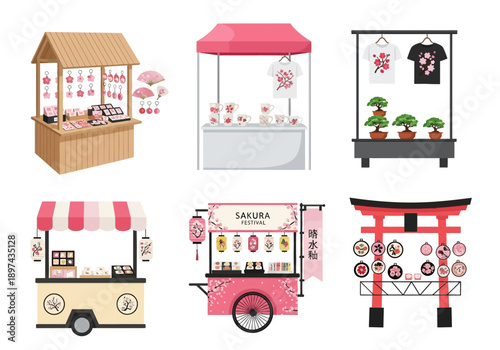Traditional Japanese market stalls and carts showcasing sakura-themed products and goods