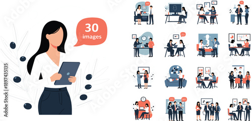 Business Meeting and Corporate Teamwork Illustration Set with Office Collaboration, Professional Communication, Presentations, and Workplace Interaction Scenes