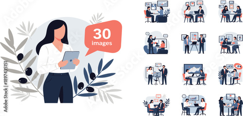 Business Meeting and Office Collaboration Illustration Set with Corporate Teams, Professional Communication, Presentations, and Workplace Interaction Concepts