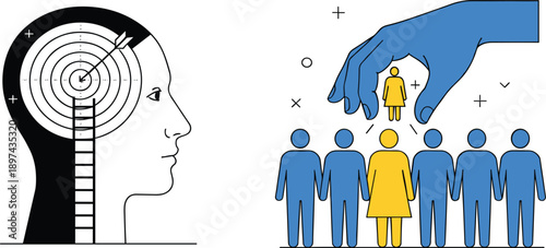 Cognitive Bias and Human Decision Making Concept Illustration Showing Selective Attention, Targeted Choice, Social Influence, and Psychological Selection Processes