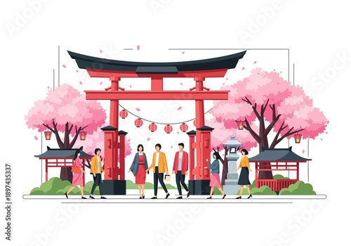 Japanese culture and travel with traditional torii gate and cherry blossoms