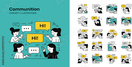 Communication Concept Illustration Set with People Greeting Saying Hi Chatting Messaging and Expressive Social Interaction Scenes for Digital Media Platforms