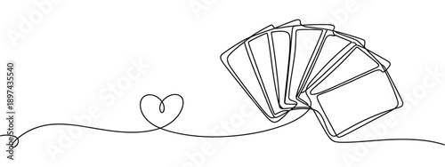 Continuous line illustration of heart flowing into a set of blank fanned cards, minimalist vector artwork for themes of emotion and chance.