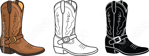 Cowboy boot silhouette & Outline and illustration set isolated on transparent background