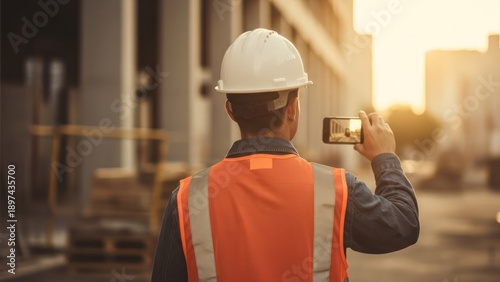 Construction worker in bright vest and helmet records with phone, back to camera