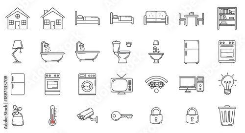 A collection of 25 black line icons depicting various household items and furniture
