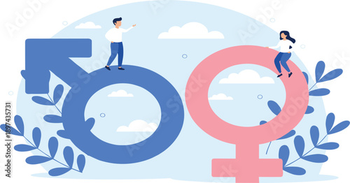 Gender Equality and Inclusion Concept Illustration with Male and Female Symbols, Balanced Roles, Equal Opportunities, and Social Justice Representation