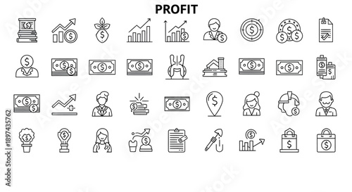 A collection of 30 black line icons depicting various financial and business concepts.