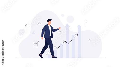 Businessman walking on upward trend graph, business success, growth, strategy, finance