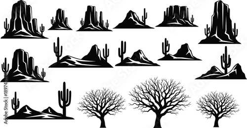 Black desert mesa and cactus silhouette collection, western canyon landscape elements set, wild prairie mountains and bare tree bundle for arid nature design,