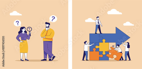 Problem Solving and Team Collaboration Concept Illustration with People Asking Questions Building Puzzle Pieces and Moving Forward Toward Business Growth