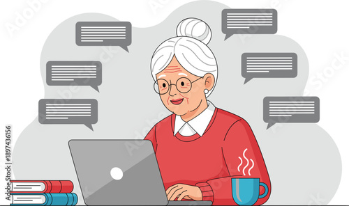 Senior Woman Using Laptop for Online Communication Illustration with Elderly Person Chatting Messaging Learning and Digital Technology Engagement at Home
