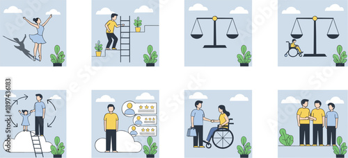 Social Equality and Everyday Life Concept Illustration Set Showing Justice, Accessibility, Personal Growth, Family Support, Inclusion, and Human Interaction Scenarios