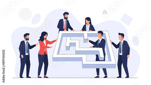 Business Team Solving Labyrinth Maze Puzzle Together Concept