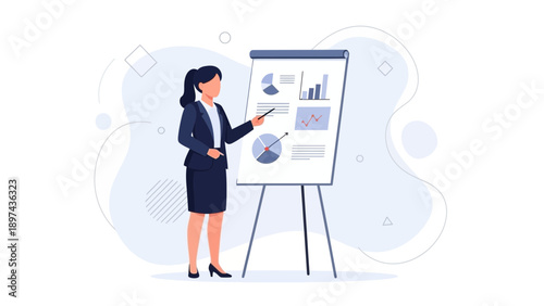 Businesswoman presenting charts and graphs on a flip chart, illustration