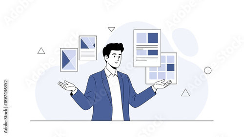 Businessman juggling multiple tasks and documents, multitasking concept