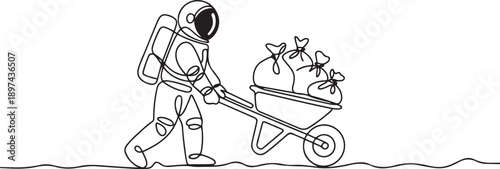 Continuous one line drawing astronaut push wheelbarrow with money bags in moon surface. Reward or profit after space exploration. one line Icon drawing