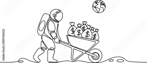 Continuous one line drawing astronaut push wheelbarrow with money bags in moon surface. Reward or profit after space exploration. one line Icon drawing