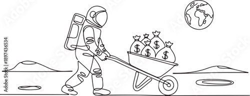 Continuous one line drawing astronaut push wheelbarrow with money bags in moon surface. Reward or profit after space exploration. one line Icon drawing