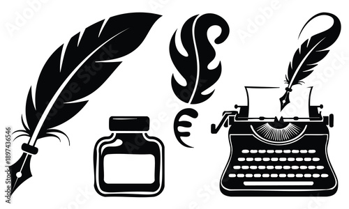 Set bundle world book day silhouette, writing tools, vintage theme